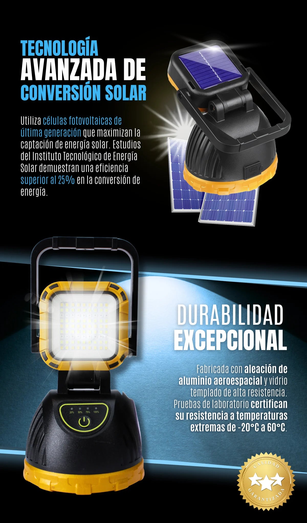 Linterna Solar para Camping – Carga Solar y USB