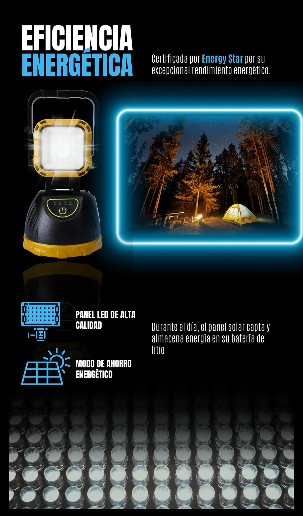 Linterna Solar para Camping – Carga Solar y USB