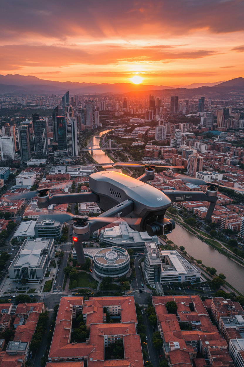 Drone sobre cidade ao pôr do sol