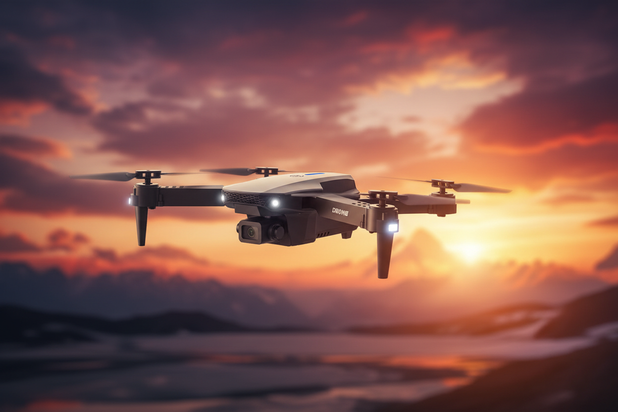 Drone voando ao pôr do sol